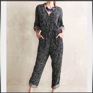 ANTHROPOLOGIE Lilka Women's Atacama Black Pattern Collared jumpsuit Small
